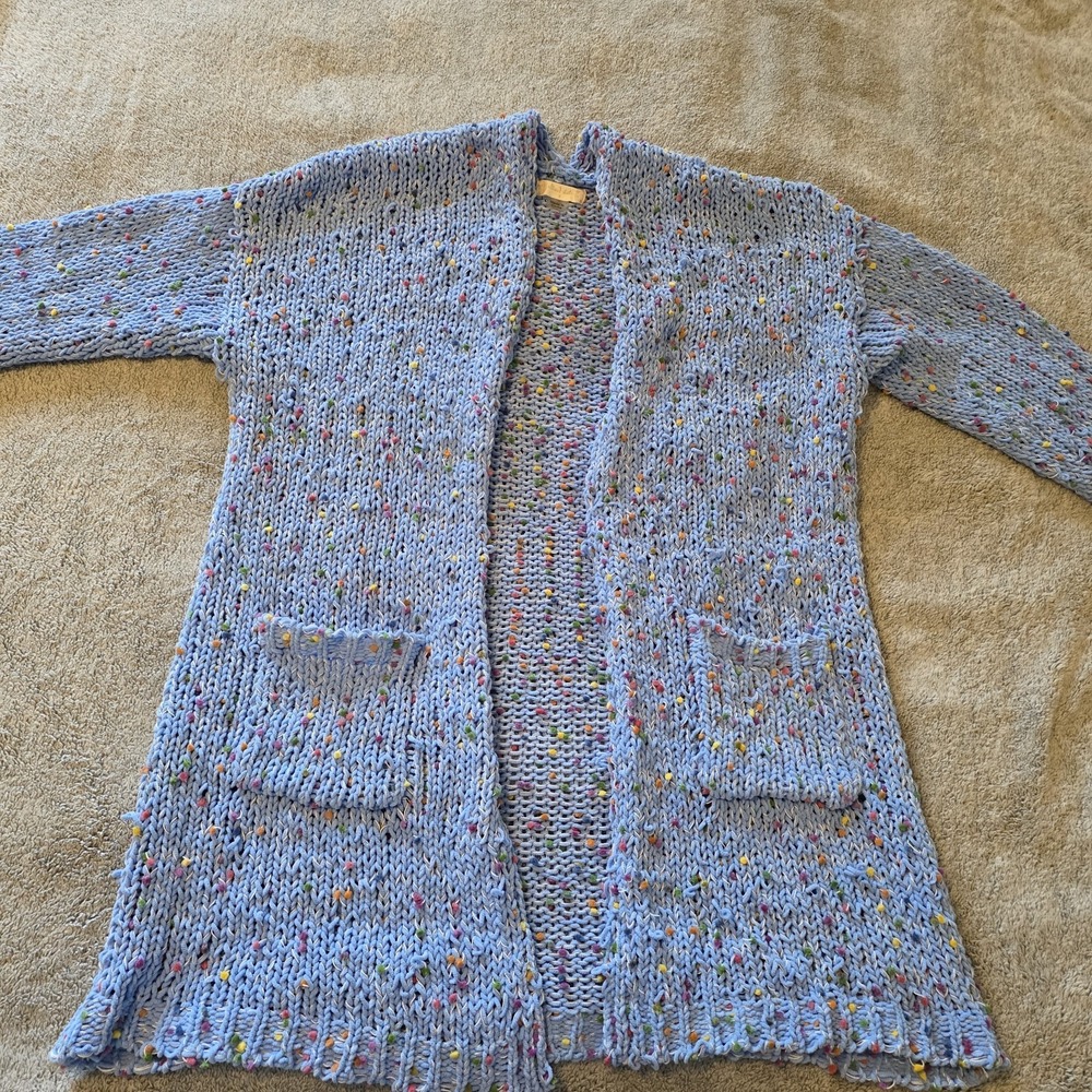 Alvarado State Confetti Light Blue Knit Sweater Open Front Cardigan Size Small
